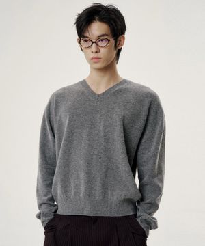 캐시미어 메리노 울 V넥 니트 - 차콜
