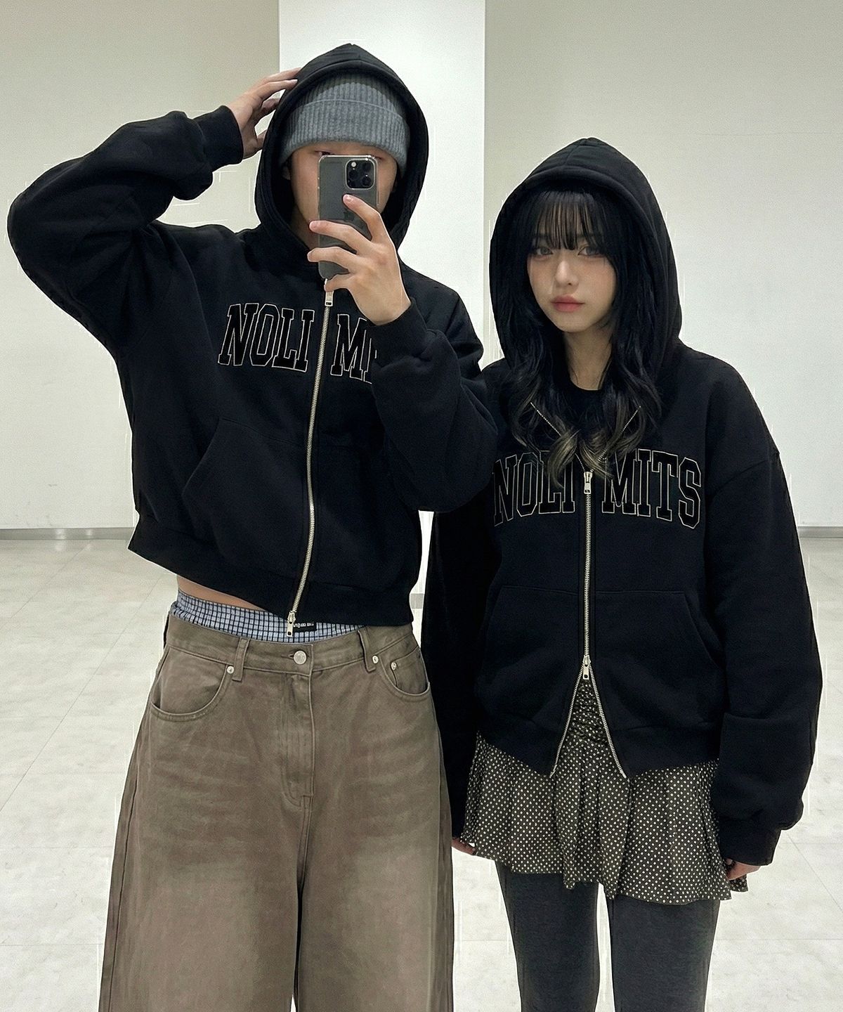 언더오프(UNDEROFF) 2way 크롭핏 노리미트 후드 집업 블랙 기모선택
