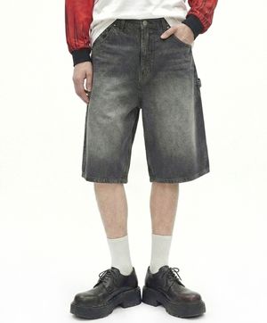 키스 버뮤다핏 오버사이즈 카고 데님쇼츠 다크그레이