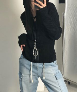 골지 슬림핏 후드 니트 블랙