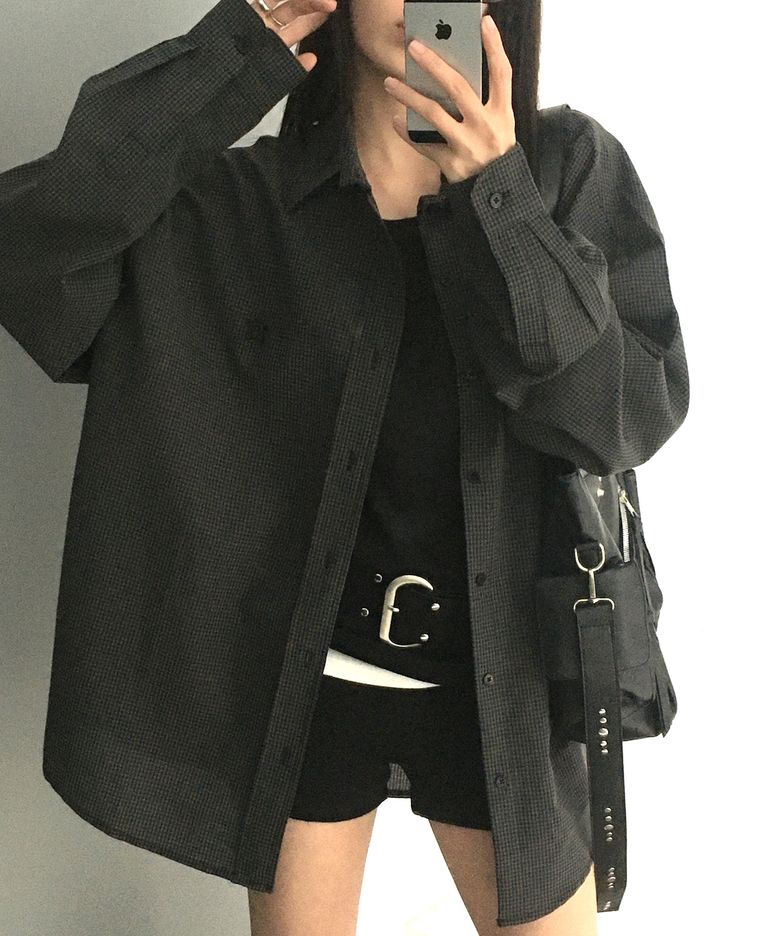 마이크로 체크 오버핏 셔츠 차콜