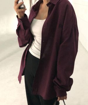 마이크로 체크 오버핏 셔츠 와인