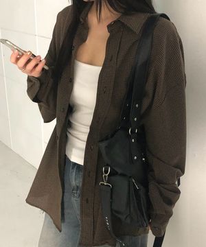 마이크로 체크 오버핏 셔츠 카멜