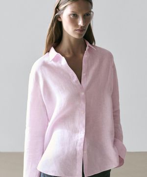 100% 린넨 핀스트라이프 프린트 루즈핏 셔츠