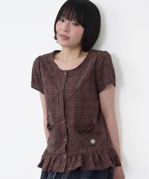 더블 포켓 체크 블라우스 [브라운]