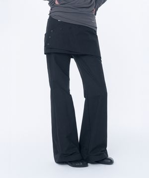 Layered button wrap skirt pants set BLACK