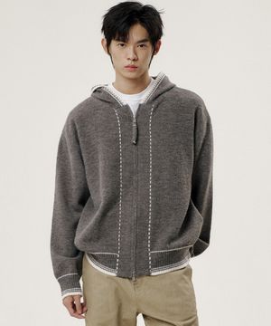 라인 스티치 니트 후드 집업 - 차콜