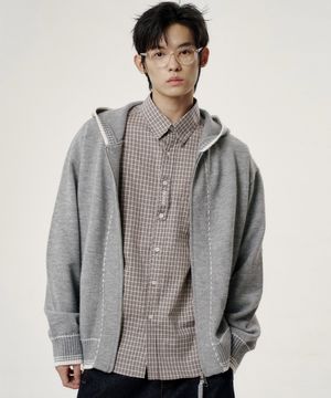 라인 스티치 니트 후드 집업 - 그레이