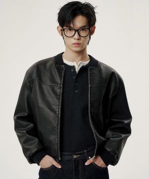 빈티지 레더 스타디움 봄버 자켓 - 블랙