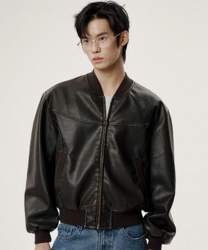 빈티지 레더 스타디움 봄버 자켓 - 브라운