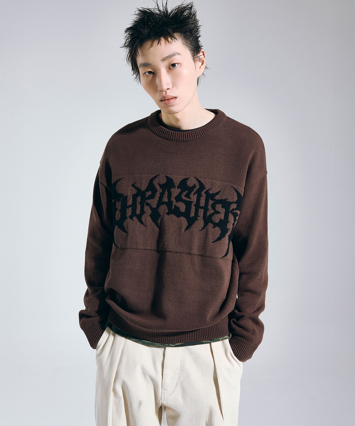 트레셔(THRASHER) 헤비메탈 니트 풀오버 브라운