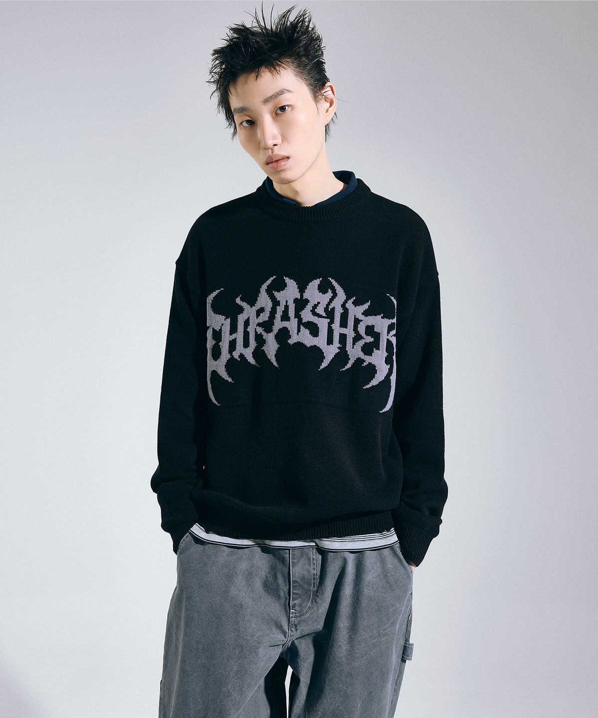 트레셔(THRASHER) 헤비메탈 니트 풀오버 블랙