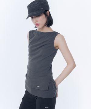 Unbalanced sheer layered sleeveless CHARCOAL