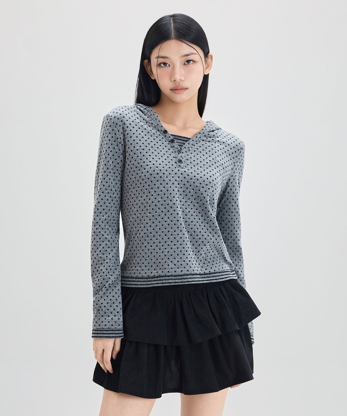 미쏘(MIXXO) 배색 스트라이프 후드 티셔츠_MIWLWG229A
