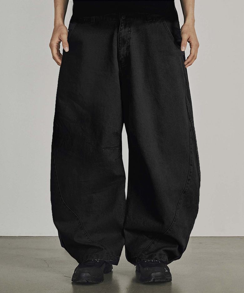 WIDE PANELED CURVED COTTON PANTS (BLACK)