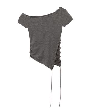 [런웨이] 레이스업 오프숄더 숏 슬리브 탑_차콜