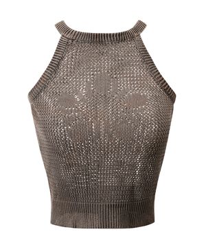 전통염색 감, 먹 무궁 크로셰 홀터 슬리브리스_브라운