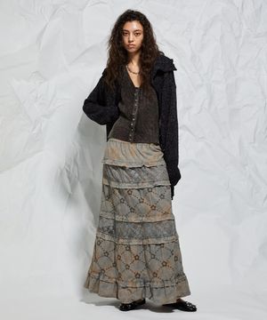 [런웨이] 전통염색 감, 먹 무궁 펀칭 레이스 프릴 롱 스커트_브라운