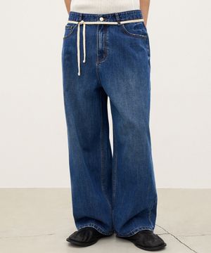 니트 스트링 와이드 데님 팬츠