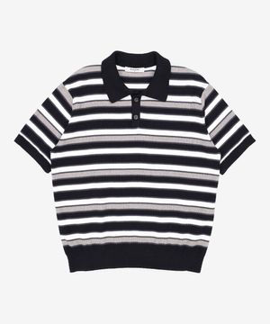 멀티 스트라이프 카라 반소매 니트  블랙 95