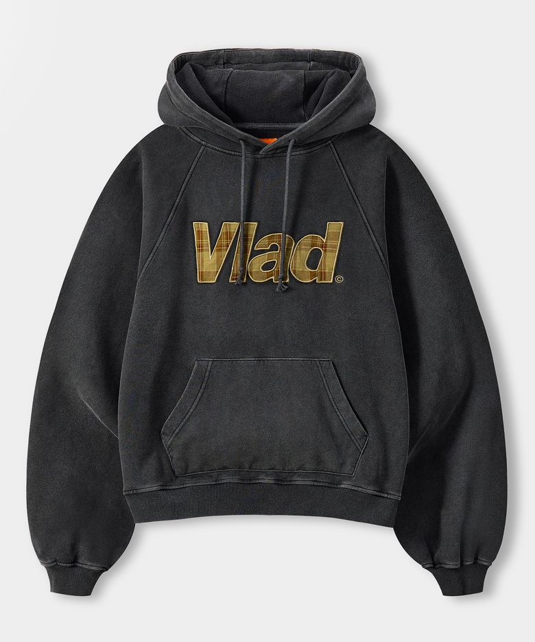 VLAD 체크 아플리케 후드 티셔츠_피그먼트 차콜