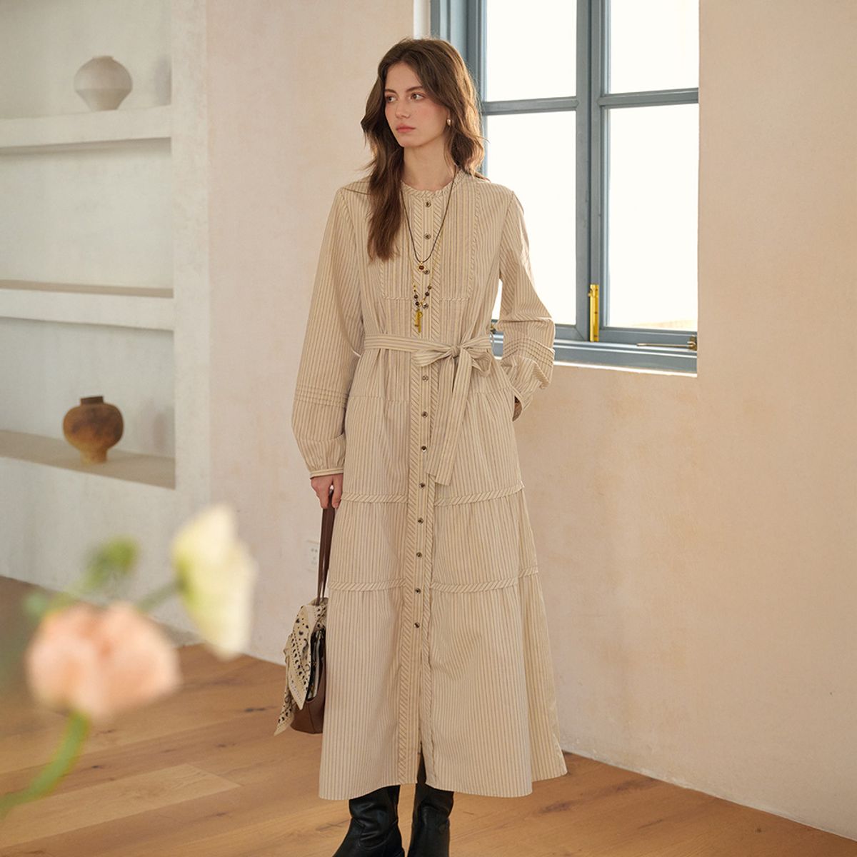 심플레트로(SIMPLE RETRO) SR_Brush striped shirt dress