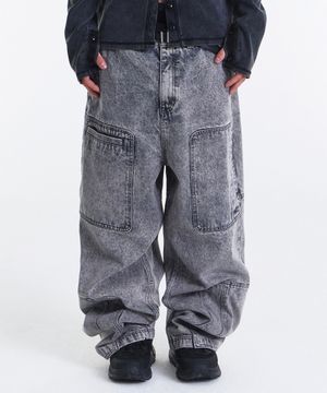 Asym Vintage Cargo Denim Pants (Stone Grey)