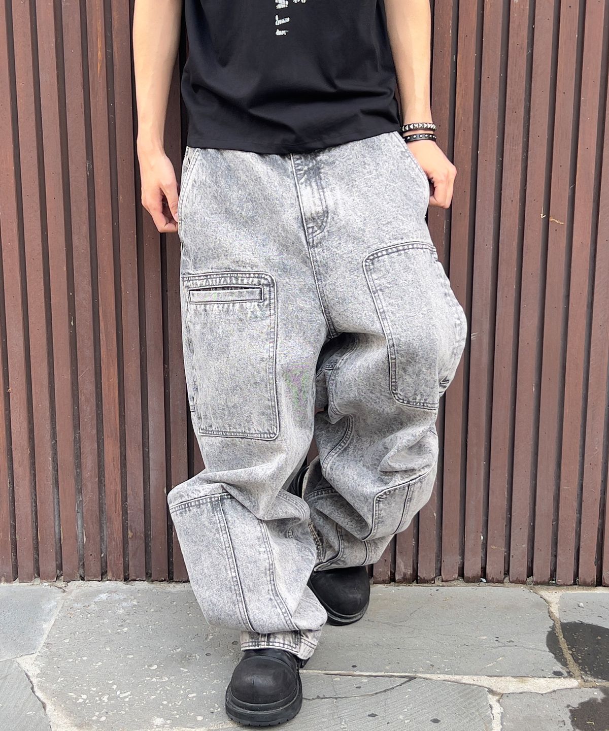 기철(KICHUL) Asym Vintage Cargo Denim Pants (Stone Grey)
