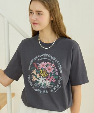 [논로컬 X 설찌] Bouquet Hand-Drawing T-Shirt - Charcoal Grey