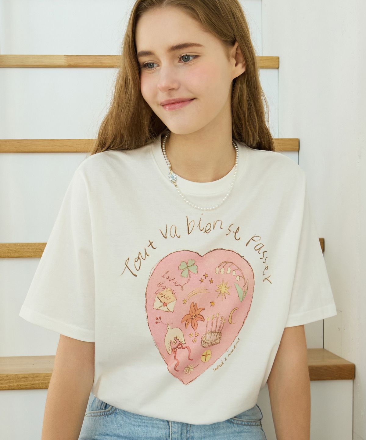 논로컬(NONLOCAL) [논로컬 X 설찌] Coloring Heart Hand-Drawing T-Shirt - White