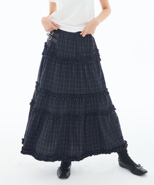 [김고은 PICK] 버클 프릴 롱 스커트 체크 네이비
