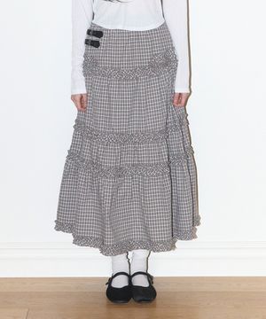 버클 프릴 롱 스커트 체크 베이지