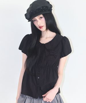 포밍 리본 퍼프 블라우스 블랙