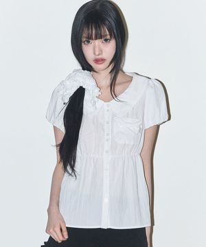 포밍 리본 퍼프 블라우스 화이트