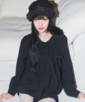 리본 플리츠 블라우스 블랙