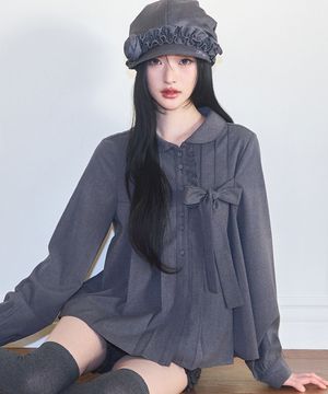 리본 플리츠 블라우스 그레이