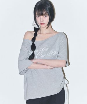 시어 리본 오프숄더 탑 멜란지