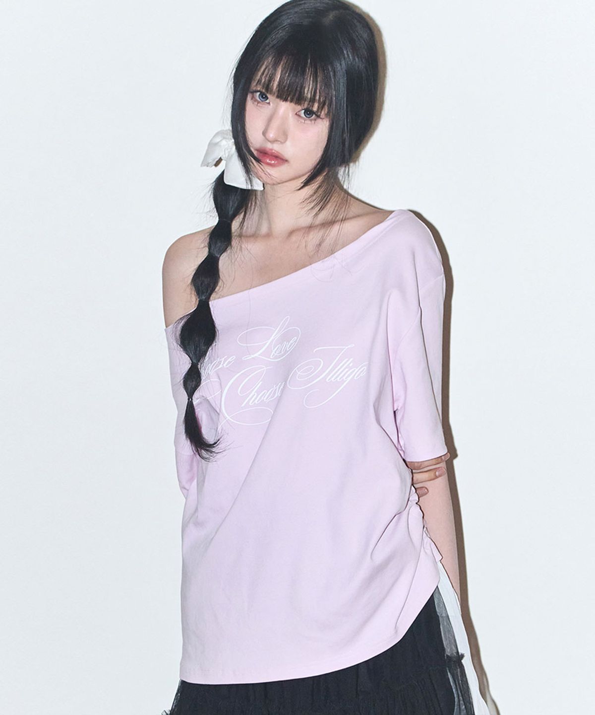 일리고(ILLIGO) 시어 리본 오프숄더 탑 핑크