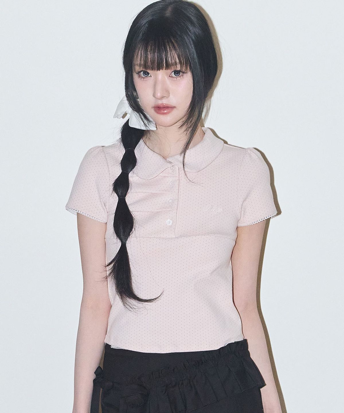 일리고(ILLIGO) 도트 핀턱 카라 티 핑크