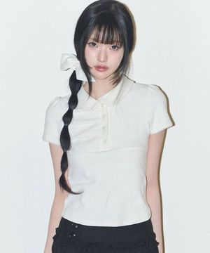 도트 핀턱 카라 티 아이보리