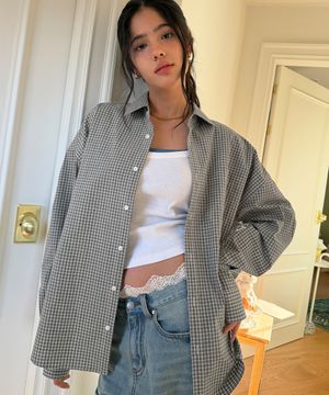 오버사이즈드 코니 체크 셔츠-그레이