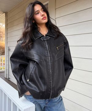 빈티지 워싱 레더 자켓-블랙