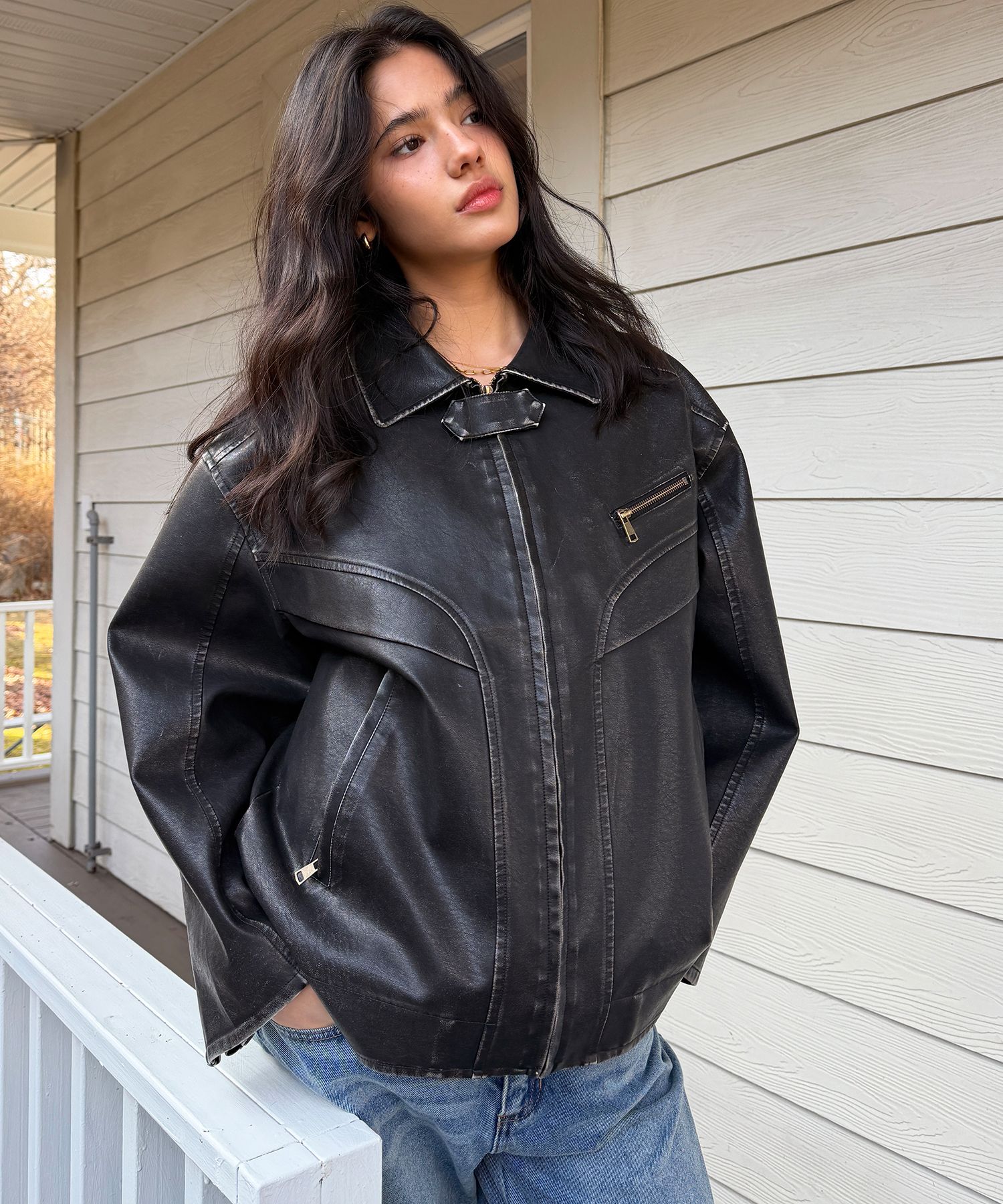 MUSINSA | BITTERCELLS Vintage Washed Leather Jacket - Black
