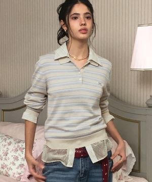 롤리 스트라이프 카라 니트-오트밀