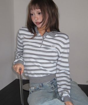 롤리 스트라이프 카라 니트-차콜