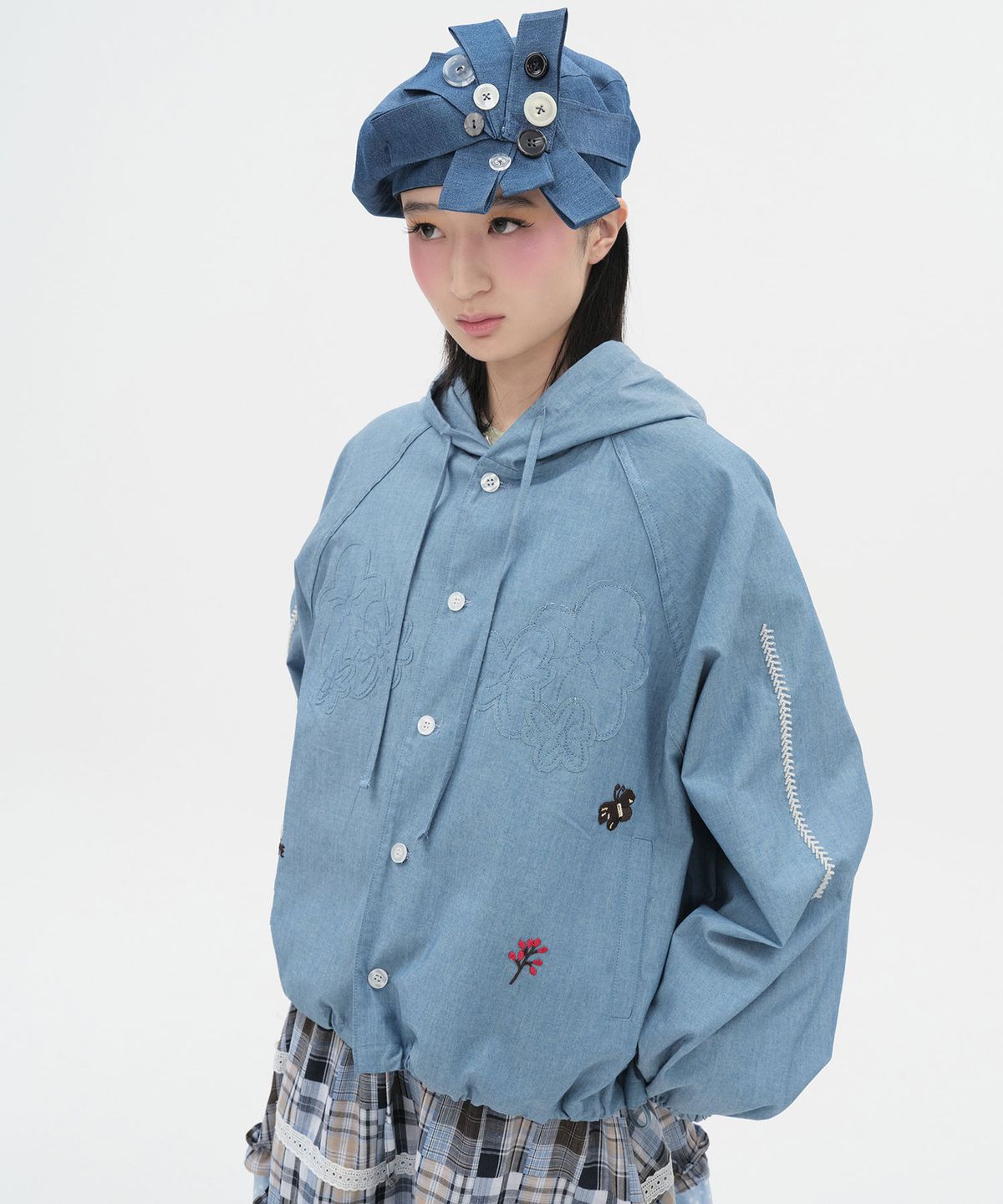 타입서비스(TYPESERVICE) Embroidered Raglan Denim Hood Shirt [Blue]