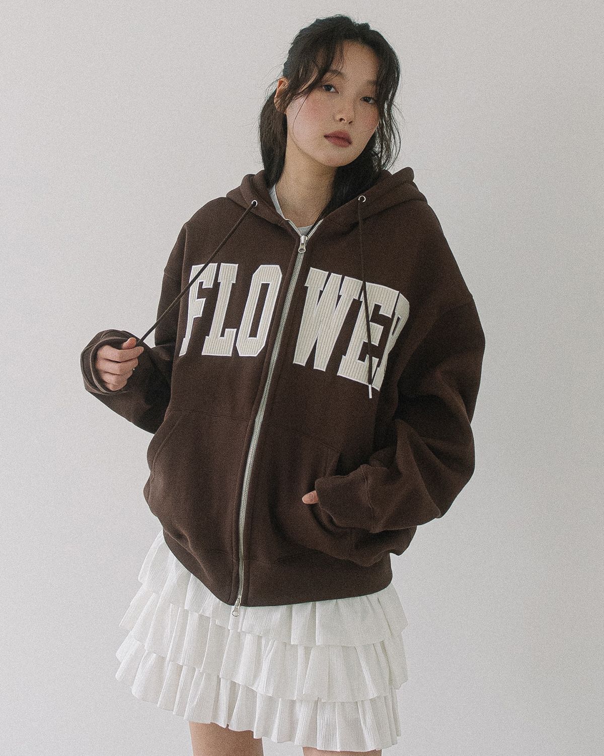 해비즘(HAVISM) CORDUROY FLOWER ZIP UP HOOD(BROWN)