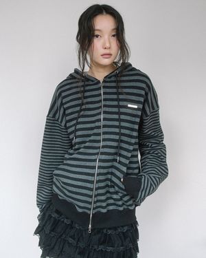 MULTI STRIPE ZIP UP HOOD(BLACK)