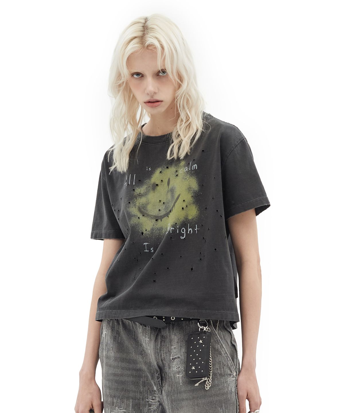 데프가먼츠(DEFGARMENTS) SMILE DAMAGED T-SHIRTS [CHARCOAL]