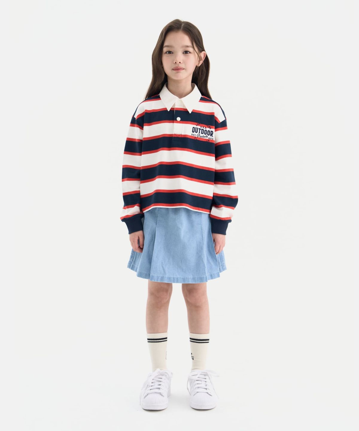 아웃도어 프로덕츠 키즈(OUTDOOR PRODUCTS KIDS) [세트상품]여아 세미크롭 럭비티+데님 스커트 팬츠 (다크 네이비+라이트블루)